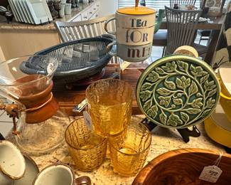 Wonderful Kitchen items Available Including a 7" Green Pewabic Tile Trivet, a Blue Parmenter Glazed Basketweave Serving Dish and an Anthropologie "Tea for Me" Hand Painted Stacked Tea Set, 6.5"H and More!