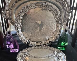 Still More Silver Available Including Poole Silverplate EPC 14" Footed Platter, National Silver and Co. 23" Footed Tray #5003 and More.