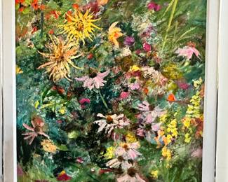 Detailed View of Signed Richard Jerzy (American 1943-2001) Oil on Board Abstract Floral Piece, 26"W x 32".