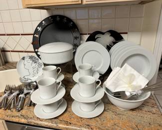 Stunning Jack Lenor Larsen for Dansk "Tapestries" Dinner Ware in Winter White Shown with a Set of 4 Vintage Limoges Porcelain Plates, C. 1958, Dansk Set of 6 Flatware with Serving Pieces and a Black Alessi Round Metal Serving Platter