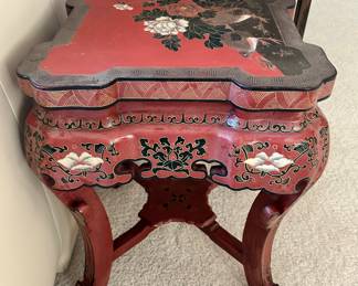 Intricately Hand Painted Asian Style Wooden Side Table with Detailed Carving, 14.5"W x 14.5" x 19".