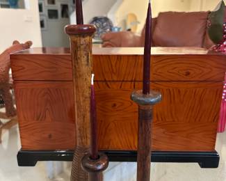 Beautiful Mahogany Lacquered Box 17" x 6" x 10" Made in China and Three Vintage Spools Turned Candle Holders.