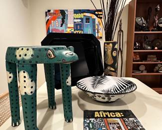 Additional Balinese Hand Carved and Painted Folk Art "Lucky Green Frog" Stool, 14"W x 8.5"W x 14"H Shown Beside a 15" Signed Noble for Amen Wardy Centerpiece Bowl and a Signed W. (Washington) Ledesma 15" Painted Pottery Vase.