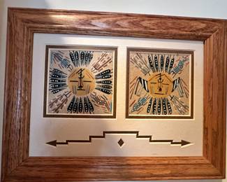 Framed Navajo Sandpainting's Originating from Early Healing Ceremonies, 12" x 9".