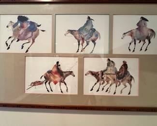 Lovely Framed and Matted Indian Watercolor Featuring 5 Different Images, 25" x 14".