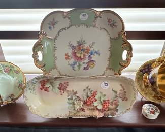Still More Elegant Bone China Serving Pieces Including a 12" Limoges Serving Plate and Vintage Tirschenreuth German Cake Plate with Handles and Still More Beautiful Tea Cups.