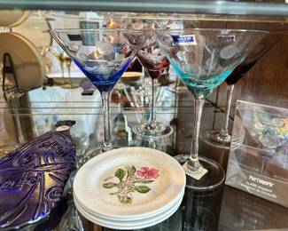 Colorful Marquis by Waterford "Polka Dot" Martini Glasses, Pier 1 Butterfly Wine Stopper and a Set of 4 Royal Couldon Appetizer Plates,