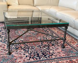 Elegant Christopher Chodoff Bronze "Serpent" Coffee Table with Iron Base and Thick Glass Table Top in Homage to Giacometti with Bronze Serpent Detail. 48"W x 36"D x 17"H