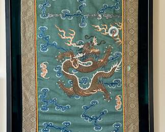 Stunning Chinese Silk Embroidered Dragon Textile Panel Beautifully Framed and Matted.