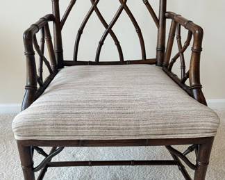 Vintage Bamboo Style Chippendale Armchair, 24W x 20"D x 36"H with Custom Neutral Upholstery by A.E Hoskinson.
