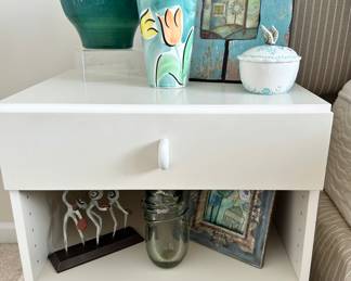 Cream Laminated Bedside Table with 1 Drawer and Adjustable Shelf, 19.5"W x 16.25"D x 23"H Shown with Additional Wonderful Decor.