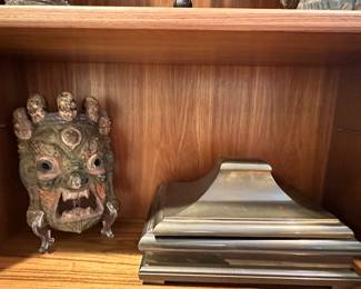 Vintage Bhairav Mahakala Handcrafted Wooden Mask from Tibet and a Vintage Mid-Century Modern Chapman Brass Casket Box, 15"W x 9.5"D x 8.5"H.