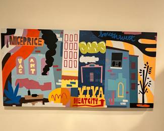 Vibrant Jesse Kessel (Michigan) Cityscape Titled "Viva Meat City" Acrylic on Wood, 48" x 24".