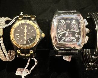 Amazing Watches Available Include a Vintage Tag Heuer Select Watch S93306c a Techno Sport #01901 Men's Watch from the Red Collection, and Gorgeous 3 String Pearl Bracelet and Men's Titanium Link Bracelet.