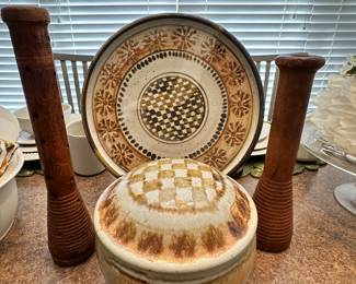 Gorgeous 11" Glazed Ceramic Platter with a Matching Lidded Bowl and Vintage Wooden Candlesticks.