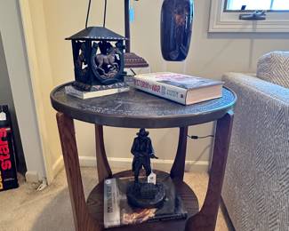 Incredible Antique Wood Side Table with Engraved Brass Picture Top, 21.25" x 25", Shown with a Vintage MCF Cast Iron Horse Themed Lantern, Weller Louweisa Pottery Hand Painted 8.25" Vase, a Tiffany Style Mission Lamp and a Bronze "Highway Man" Sculpture.