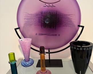 Stunning Robert Buick Blown Glass Sculpture, 20"H, Signed and Mounted on Black Iron Stand, Shown with a Gorgeous Pair of Signed Chatham Glass Candlesticks c. 1994 and Stunning Ward Bennett for Sasaki Crystal Vase.