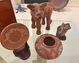 Additional Mexican Clay Folk Art of a Talavera Jaguar, 10.5", with an Indonesian Hand Carved and Painted Grumpy Toad and a Vintage San Idelfonso Native American Pueblo Pottery Plate by Perry Martinez, 6".