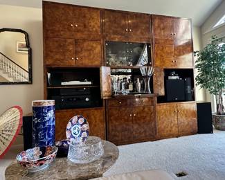Stunning Overall of the Three Individual Henredon Burl Wood Cabinets with Recessed Lighting, Smoked Glass Doors and Brass Hardware, Each 34"W x 19"D x 88"H.