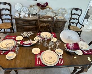 Elegant Silver Rimmed Lenox China Shown on a Vintage Youngstown Star Manufacturing Co, Made in USA, Dining Table with 3 Additional Leaves, 16" Ea, 60"W x 39"D x 29"H.