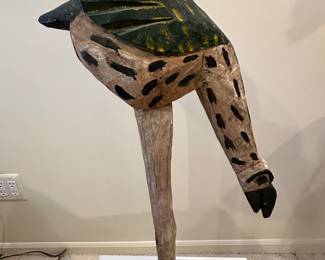 Still More Folk Art Hand Carved Wooden Ostrich on Wooden Base and Laminate Riser, 6.5"W x13"D x 33"H.
