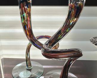 Detailed View of the Pair of Mid Century Modern Handblown Glass Twisted "Confetti" Candlesticks, GORGEOUS!