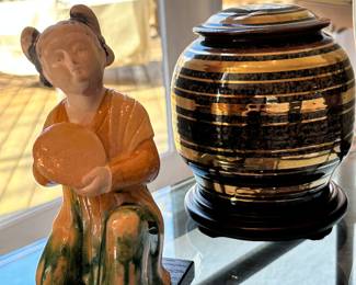 Stunning Tyrone Larson Potter Luster Ware (7"H) with a Vintage Chinese Mudman.