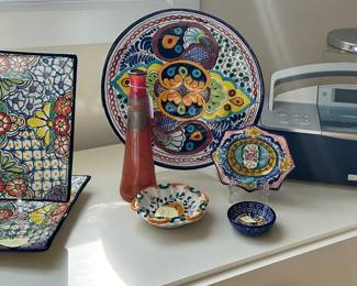Lovely Selection of Ceramic Decorative Plates Hand Painted in Mexico and a Vintage Blenko Vase and More