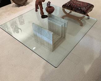 Stunning Vintage Italian Diapason Cattelan Italia Post Modern Travertine Coffee Table with Thick Glass Top, 16"W x 16D x 15"H Base and 42" Square Top.