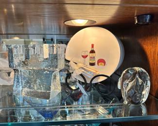 Detailed View of the Vintage Dansk Glass Ice Block Triple Candle Holder, Nancy Green Appetizer Plates and Decorative Glass Paperweight Elephant.