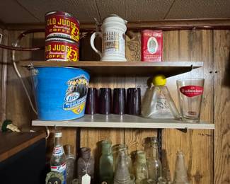 collection bar bottles, decanters and glasses