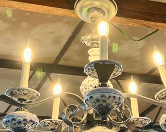 5 Arm Blue/White Porcelain and Metal Chandelier