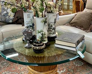 Vintage Wheat and Glass Coffee Table, Chinese Republic Era Wig/Hat Stand Vases, Antique Chinese Enameled Lidded Stem Cup, Vintage Handmade Greece 24k Gold Porcelain Lidded Jar