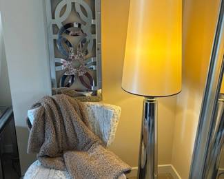 Accent Chair Mirrored Floor Lamp And Glass Wall Decor