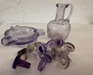 Antique Bottle Stoppers, ashtray & Pitcher 