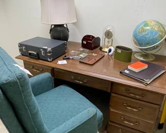 Desk, chair, globe