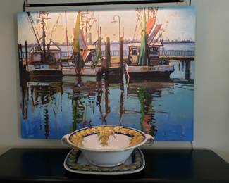 Rene Wiley, Galveston Artist, Giclee, Idle Reflections,   54" X 40", Italian Pottery Bowl and Tray