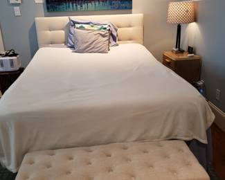 Queen Ergonomics Adjustable Bed, Linen Bench, Rene Wiley Art,  Bedside Table & Lamp