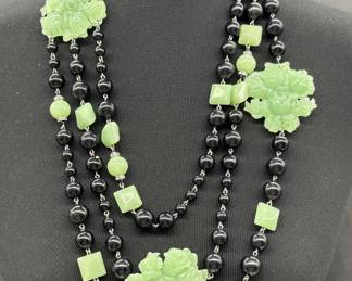 Vintage 22in Necklace, Black Beads w/ Green Flower