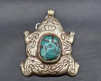 Silvertone and Turquoise Frog Pendant