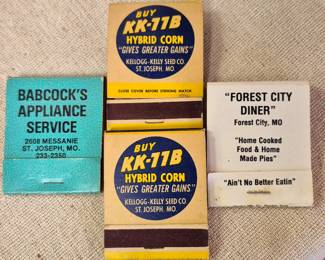St. Joseph and surrounding area collectibles. "Forest City Dinner", "Babcock's Appliance Service" and "Kellogg-Kelly Seed Co." matches. 
