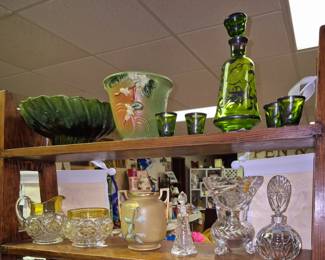 Roseville planter, 5 pcs. green decanter w/ sterling trim and crystal. 