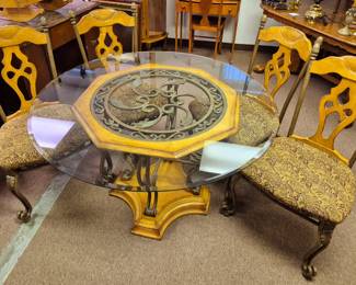 5 pcs. Beveled glass top decorative wood and iron dining room table set