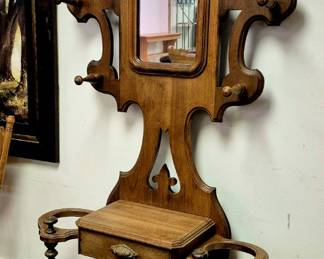 Much antiques, primitives and collectibles. Antique Victorian walnut hall tree w/ cast iron decorated cast iron drip pans