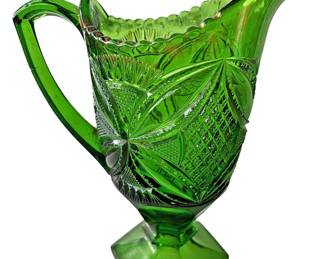 Vintage Emerald Glass Pitcher WGold Trim