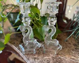 Pair antique pressed glass candle holders