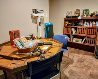 Basement poker table, MCM hutch, scale