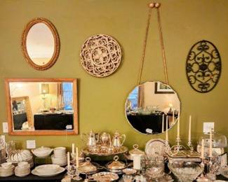 Antique mirrors, wall decor, and fancy serving ware 