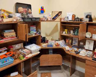 Corner desk unit with tons of vintage curios. 