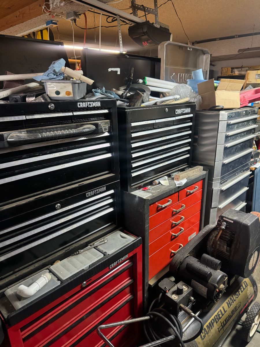 Craftsman tool cart, husky tool chest, campbell hausfeld air compressor